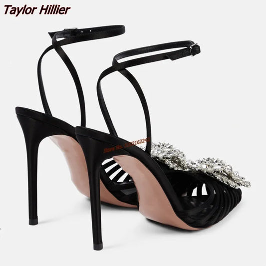 Retro Rhinestone Flower Stiletto High Heels Pointed Toe Hollow Buckle Strap Sandals Fashion Shoes Ladies Summer 2024 Elegant 46