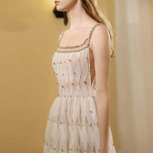 Crystal Crystal Dubai Robes de soirée blanches pour femmes Mariage Sqaure Décolleté MIDI FORMAL PROM PARTY ROBES SS221