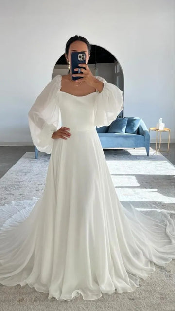 Simple Wedding Dress For Bride 2025 Chiffon Square Neck Backless Boho Brides Gown Long Puff Sleeve Bridal Dress Customized