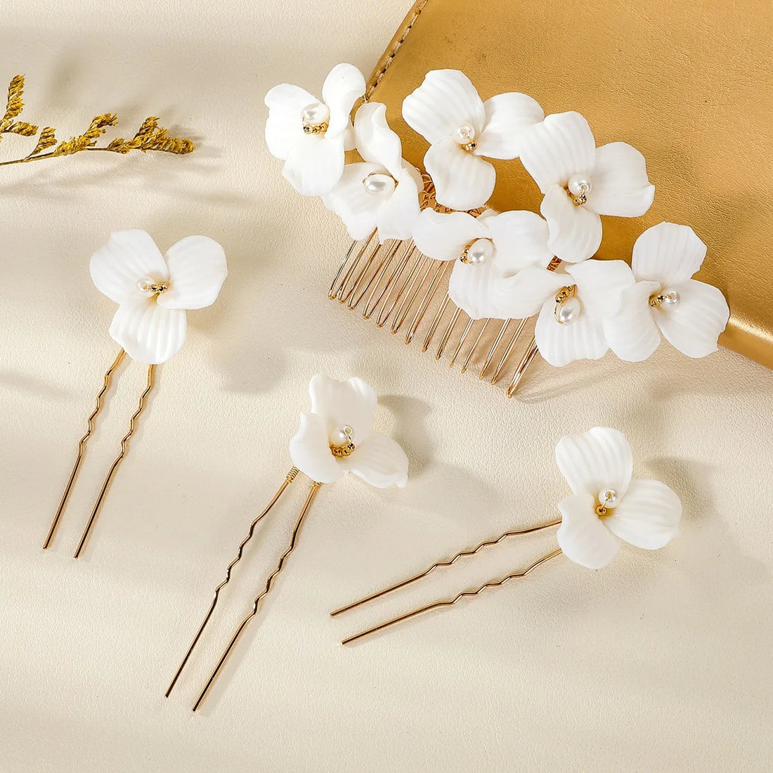 Porcelain Flower Hair Comb Pin Clip Vintage Gold Color Head Pieces For Women Brides Hairpins Bridal Jewelry Wedding Accessories
