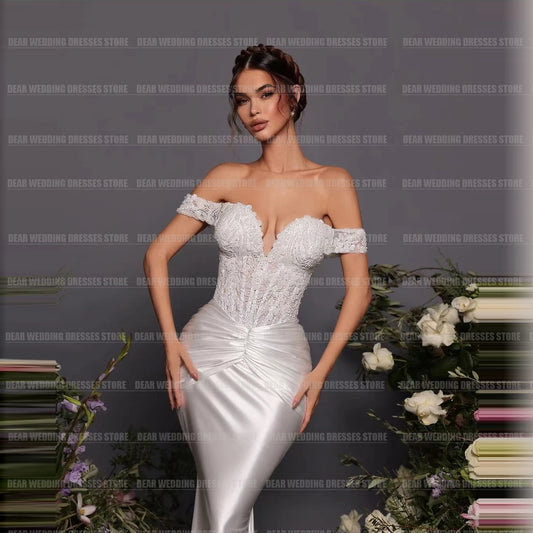 Vestidos de novia simples de sirena para mujer sexy appliiques de hombro tren de barrido elegantes vestidos de novia elegantes bata de mariée 2024