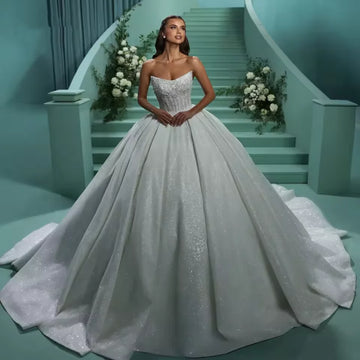 Customized Shiny Ball Gown Wedding Dress Boat Neck Off The Shoulder Beaded Applique Princess Bridal Gowns Vestidos De Novia