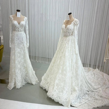 Customized Luxury Detachable 2 In 1 Train Wedding Dress Lace V Neck Full Sleeve Vintage Bride Gown Ball Gown  Vestido De Novia