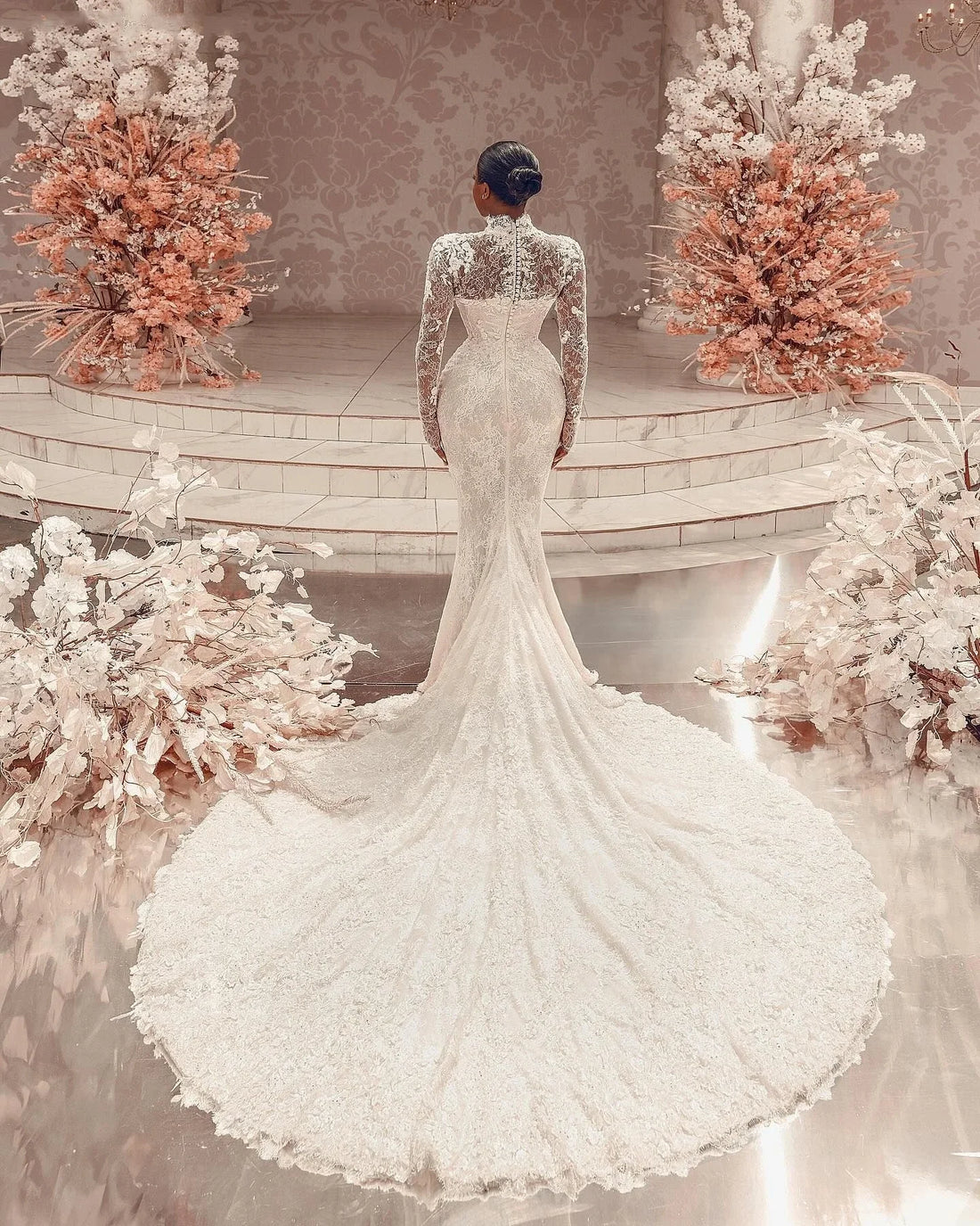 Customized Full Sleeve Wedding Dress Mermaid  Bridal Gown High Neck Muslim Bridal Gown Lace Robe De Mariage Vestido De Novia