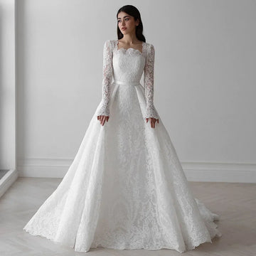 Customized Gorgeous Lace Long Sleeves Wedding Dress for Bride Square Neck Sweep Train Bridal Gown Vestido De Noiva