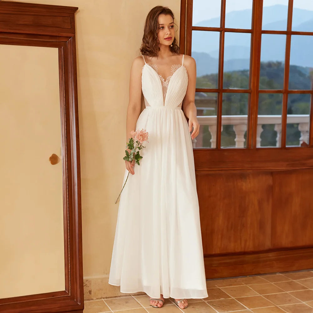 Весільні сукні A-Line V-Neck для жінок спагетті Відкривають без рукавів