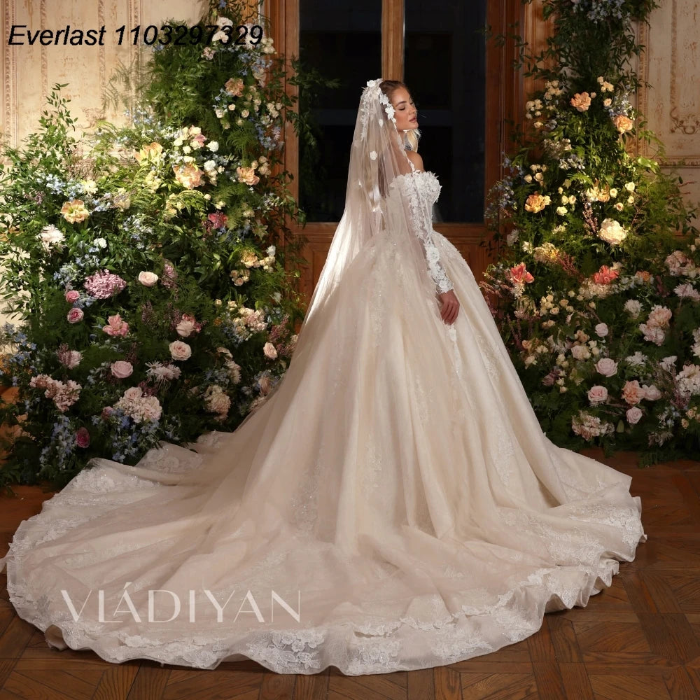 EVLAST Elegant Long Sleeve A Line Wedding Dress 2025 Luxury 3D Floral Appliques Beaded Vintage Bridal Gown Robe De Mariee TBD03