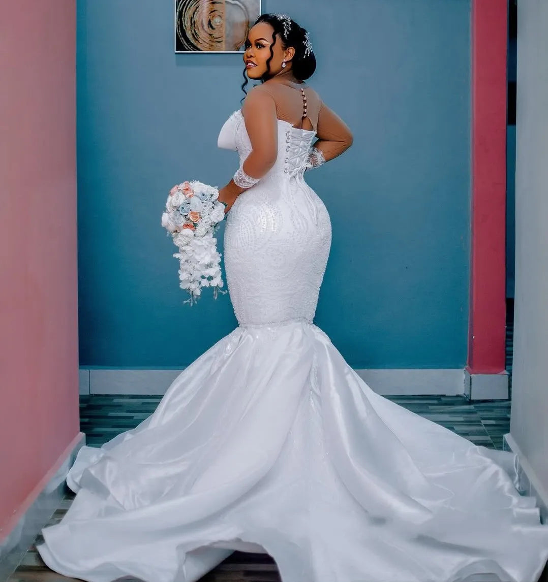 Plus Size African Wedding Dress Bridal Gowns For Bride Mermaid Sheer Neck Long Sleeves Beaded Tiered Luxury Lace Pearl Vestidos