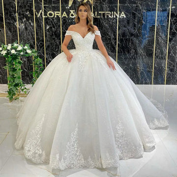 Customized  V Neck Wedding Dress For Women Lace Appliques Glitter Tulle Bridal Gowns Off The Shoulder Robe De Mariée