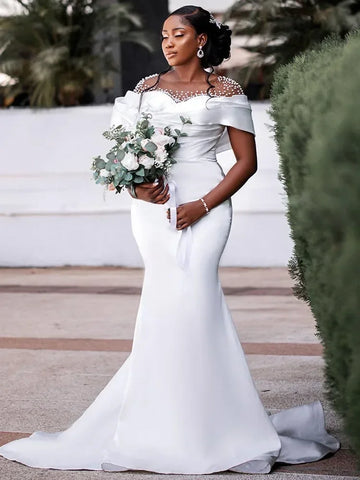 Customized White Mermaid Wedding Dresses for Black Bride Sheer Neck Pearls Beading Satin Africa Garden Bridal vestidos de novia