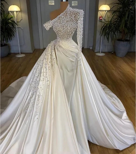 Haohao Pearls Mermaid Wedding Dresses One Shoulder Beaded Crystal Bridal Gowns With Detachable Train Vintage Split Wedding Dress
