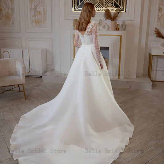 Elegant Wedding Dresses Sweetheart Neck Long Sleeves Bridal Gowns Appliques Back Button Sweep Train A-Line свадебное платье 2023