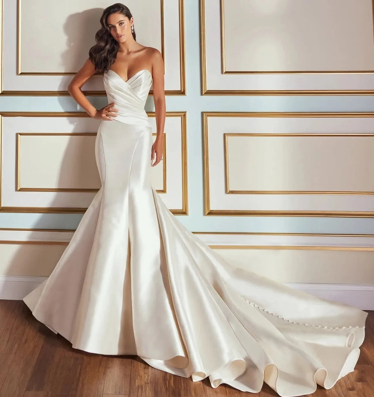 Exquisite strapless mermaid wedding dress sleeveless pleats satin bridal gown bride – Pollyanna Events