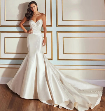 Exquisite strapless mermaid wedding dress sleeveless pleats satin bridal gown bride – Pollyanna Events