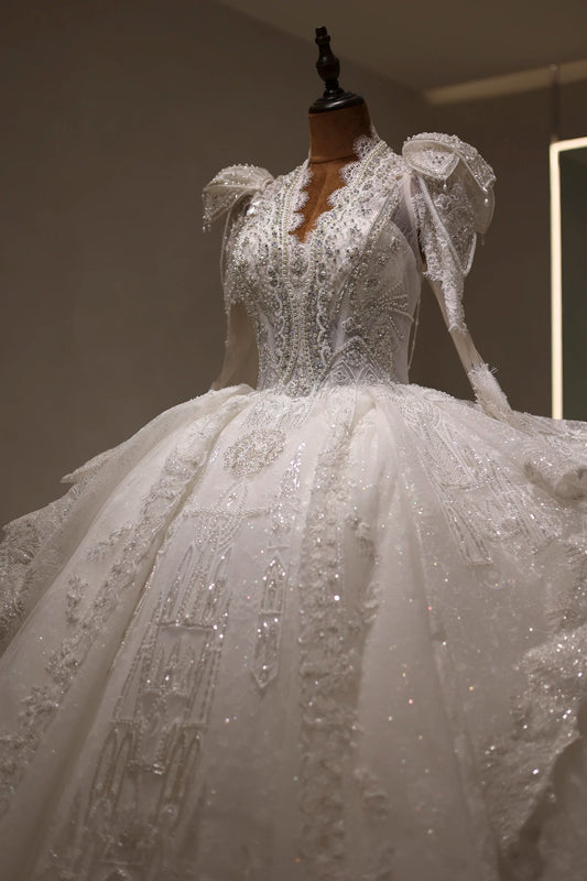 Розкішні весільні сукні Справжня фотографія v-подібна нога з довгими рукавами сукня нареченої нареченої rs014