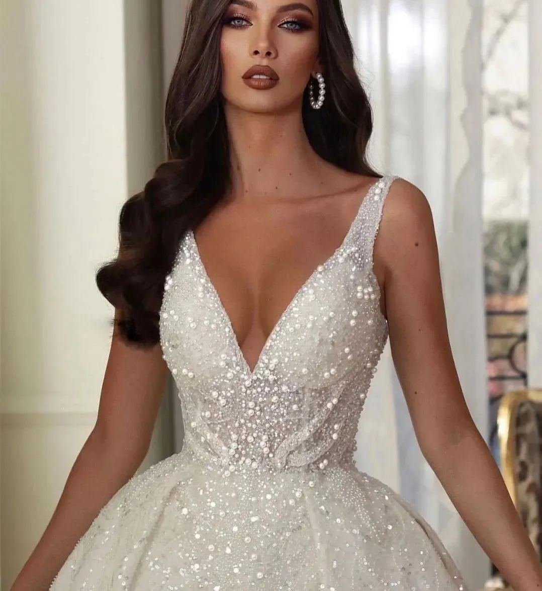 Shiny ball gown V-neck sequins straps appliques lace slit pearls bridal gown wedding dress 2026 – Pollyanna Events