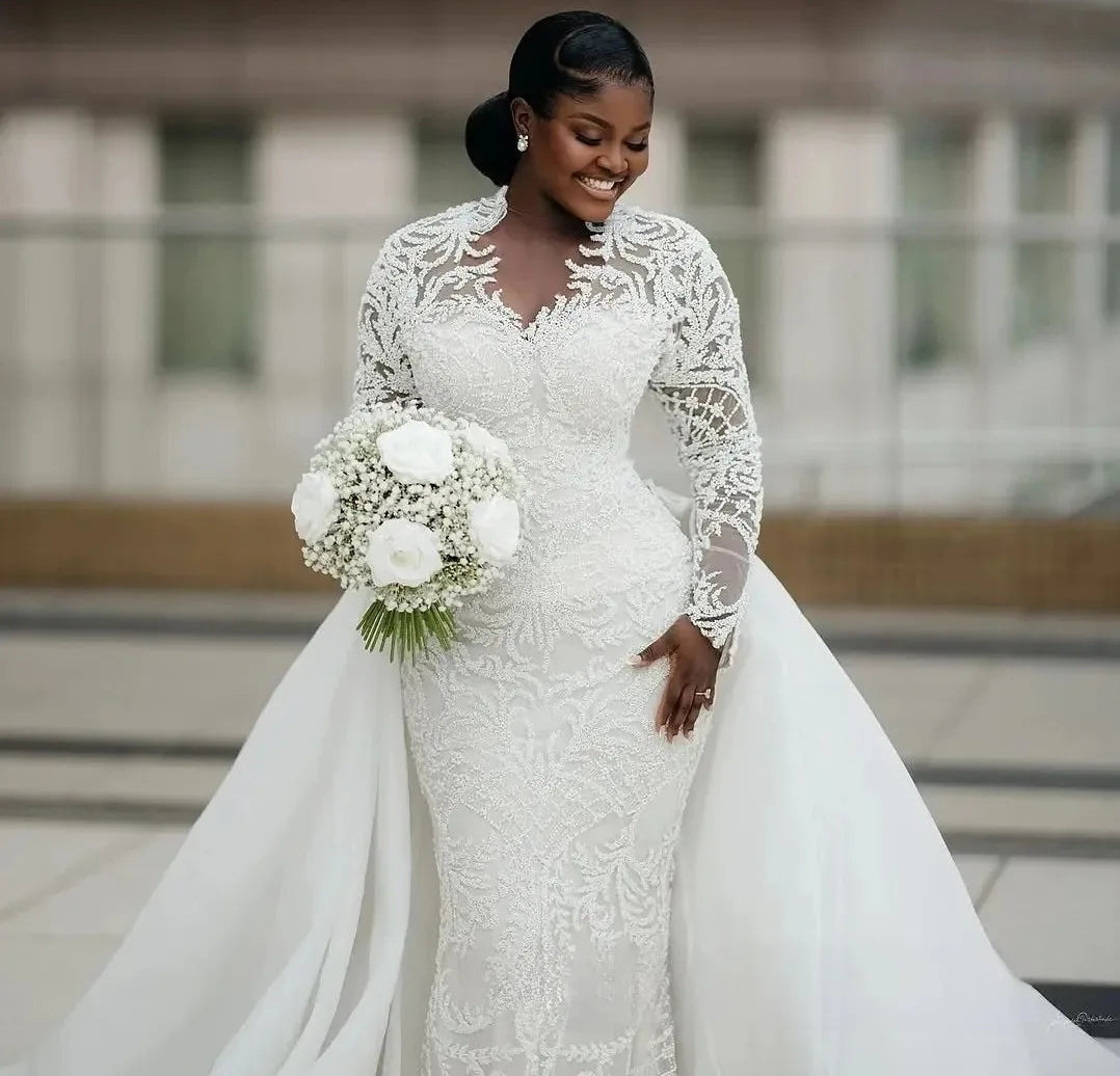 Beaded lace crystals African mermaid wedding dress plus size illusion long sleeves – Pollyanna Events