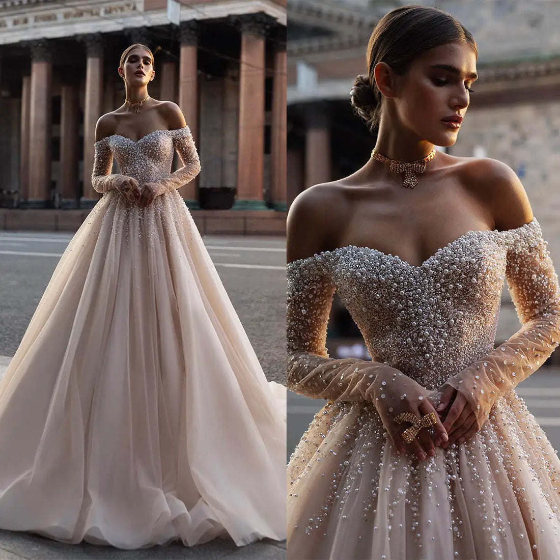 Luxury champagne off shoulder long sleeves pearls beads sweep train bridal gown wedding dress – Pollyanna Events