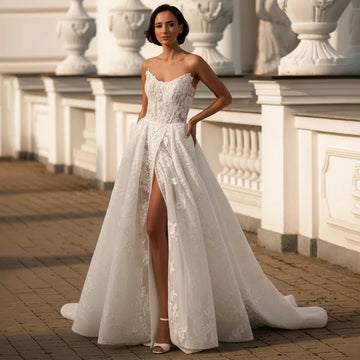 Luxury Lace Appliques High Slit Wedding Dresses Backless A Line Ball Gown With Train Long Strapless Bridal Gown Vestidos Novia