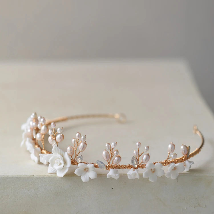 Gold Color Headband Freshwater Pearl Headpiece For Brides Porcelain Flower Hairband Wedding Accessories Bridal Hair Jewelry