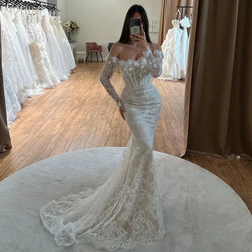 Customize Sexy Mermaid Wedding Dresses Lace Off Shoulder Long sleeves Bridal Gown Boatnec Boat Neck Vestido De Novia