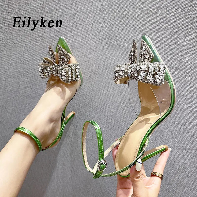 Eilyken Green Toe Crystal Pvc PVC Mujeres transparentes Bombas Sexy Strep Summer Summer Femenino Stiletto Tacos altos