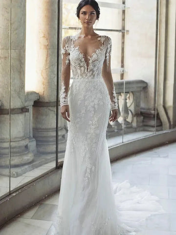 Vestidos de noiva de luxo com trem destacável de mangas compridas Apliques de renda Vestidos de amor A-line Vestidos de Novia 2024