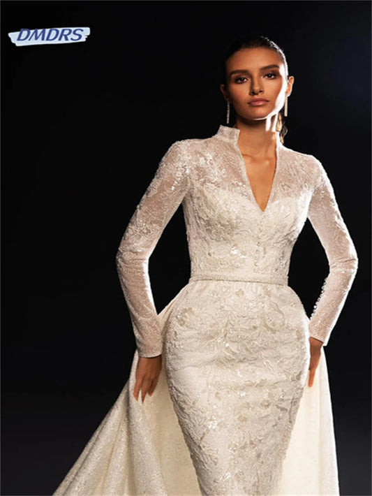 Luxe diepe v-hals appliques trouwjurk elegante zeemeermin vloer lengte bruidsjurk romantische vestidos de novia