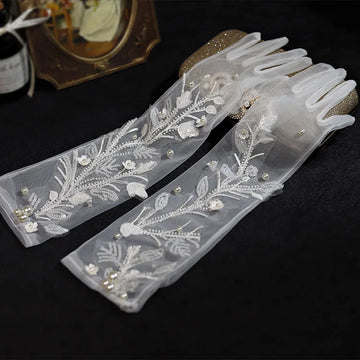 Long Bridal Gloves Vintage Flower Pearls Wristband Wedding Glove For Women Girl Party Evening Dress Jewelry Bride Accessories