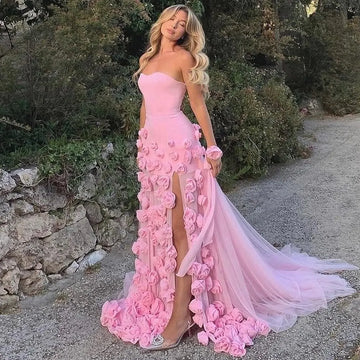 Elegant Pink Flowers Evening Dresses for Women Wedding Formal Occasion Long Side Slit Girls' Party Dress