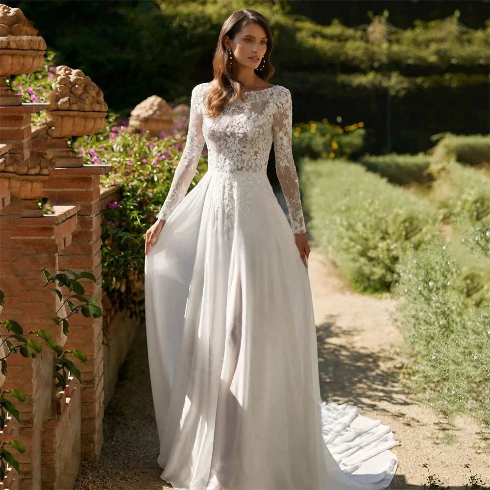 New boho scoop lace appliques long sleeves backless chiffon beach bridal party gown – Pollyanna Events