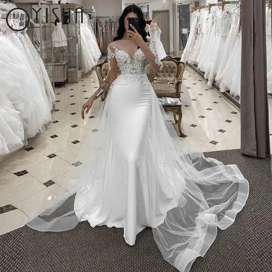 OYISHA Long Lace Sleeves Mermaid Wedding Dresses With Appliques V Neck Detachable Tulle Train Bridal Grown 2023 Robe De Mariée