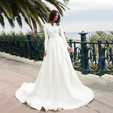 Satin Muslim Long Sleeve Wedding Dress 2025 Elegant A Line Princess Modest Bridal Gown Backless Classic Bride Dress Customized