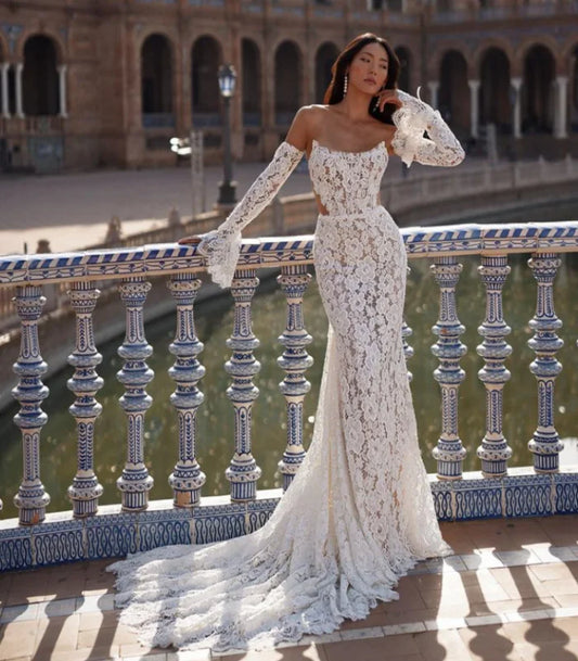 Сексуальна ілюзія Мережива Русерка Весільна сукня 2023 без бретелей з довгих рукавів з довгими рукавами