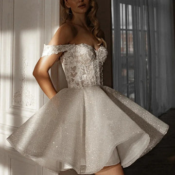 Sexy mini short sequins wedding dress lace sweetheart A-line off shoulder boho garden bride – Pollyanna Events
