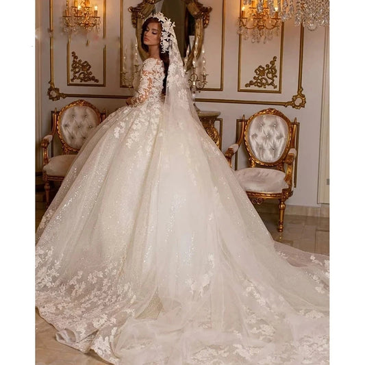 Vintage 2024 Lace Wedding Jurken Princess Ball Jurys Beading Bridal Shinny Tule Long Sheeves Elegant Luxury Marriage Dress