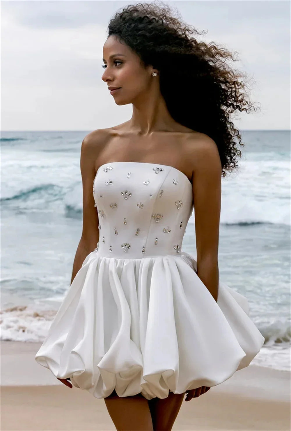 Short beach strapless crystal lace up satin mini bridal party gown wedding dress – Pollyanna Events