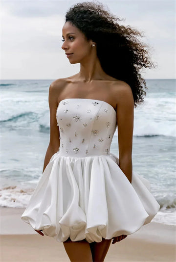 New Arrival Short Beach Wedding Dress Strapless Crystal Lace Up Satin Mini Bridal Party Gowns Vestidos De Noiva