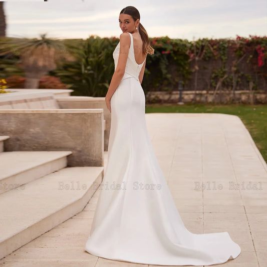Elegant Mermaid Wedding Dresses V Neck Puff Sleeves Bridal Gowns Pleat Backless Floor Length Satin Vestidos De Novia 2024