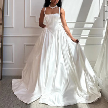 Simple Pearl Pleated Ball Gown Wedding Dresses With Train 2025  Vestidos Novia Long Square Collar Bridal Party Gown For Women