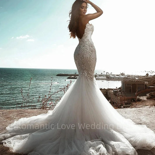 Luxury Sweetheart Mermaid Long Wedding Dress Boho Apliques Apliques de encaje Mujeres Matrimonio Vestidos nupciales Vestido de Novia