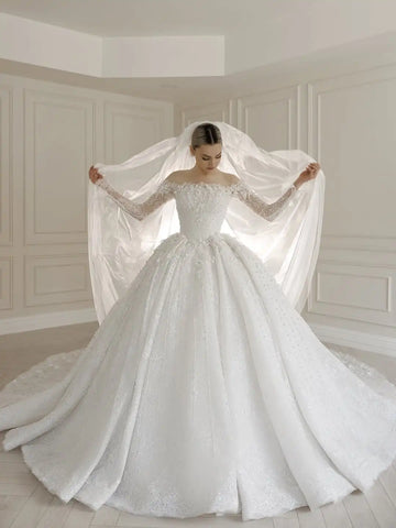 Customzied wedding dress O- Neck Long Sleeve Lace Beaded Bridal