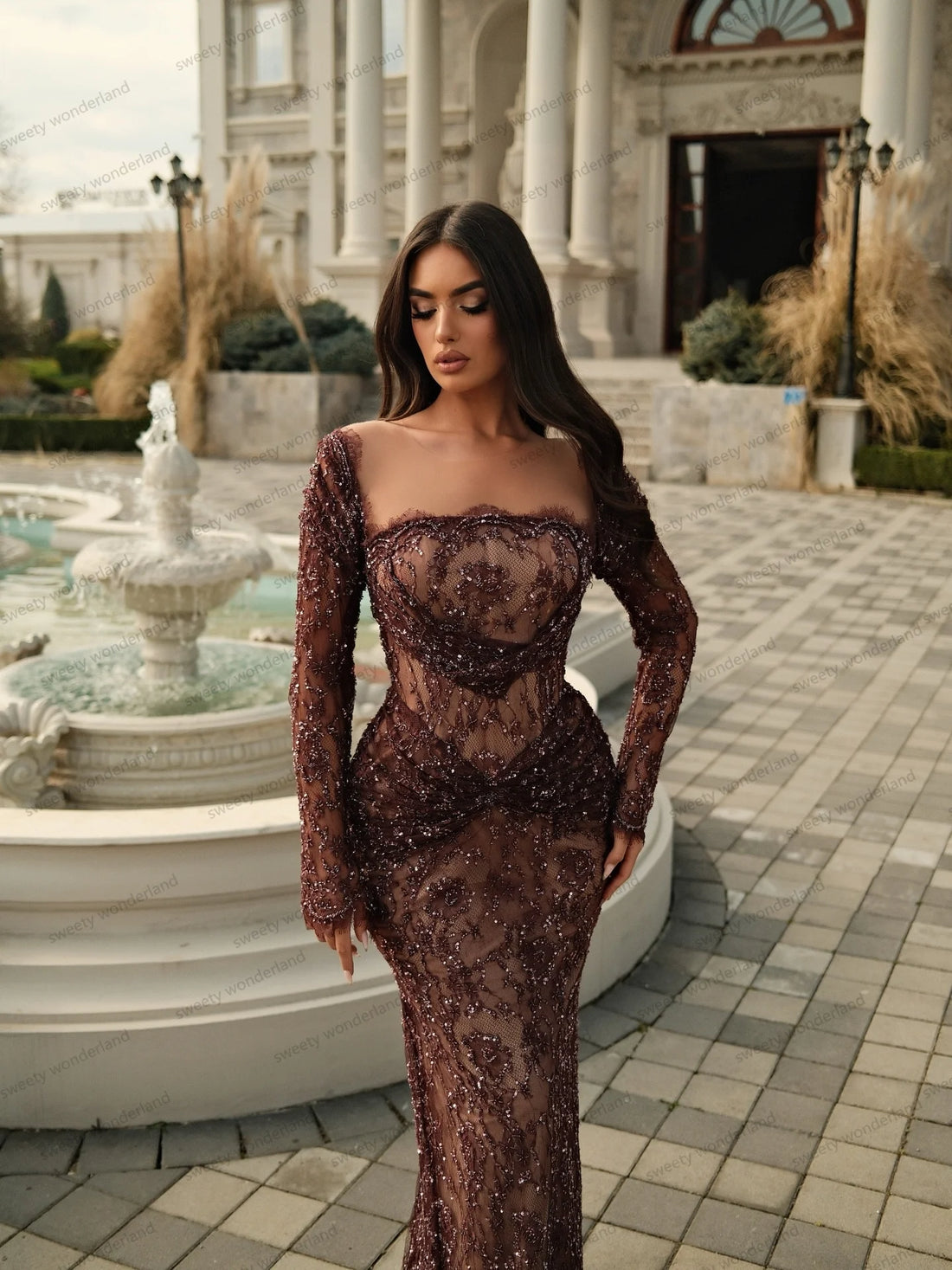Burgundy Exquisite Evening Dresses Lace Sequins Beading Long Sleeves Prom Dress Luxury Party Gown Gala Customized