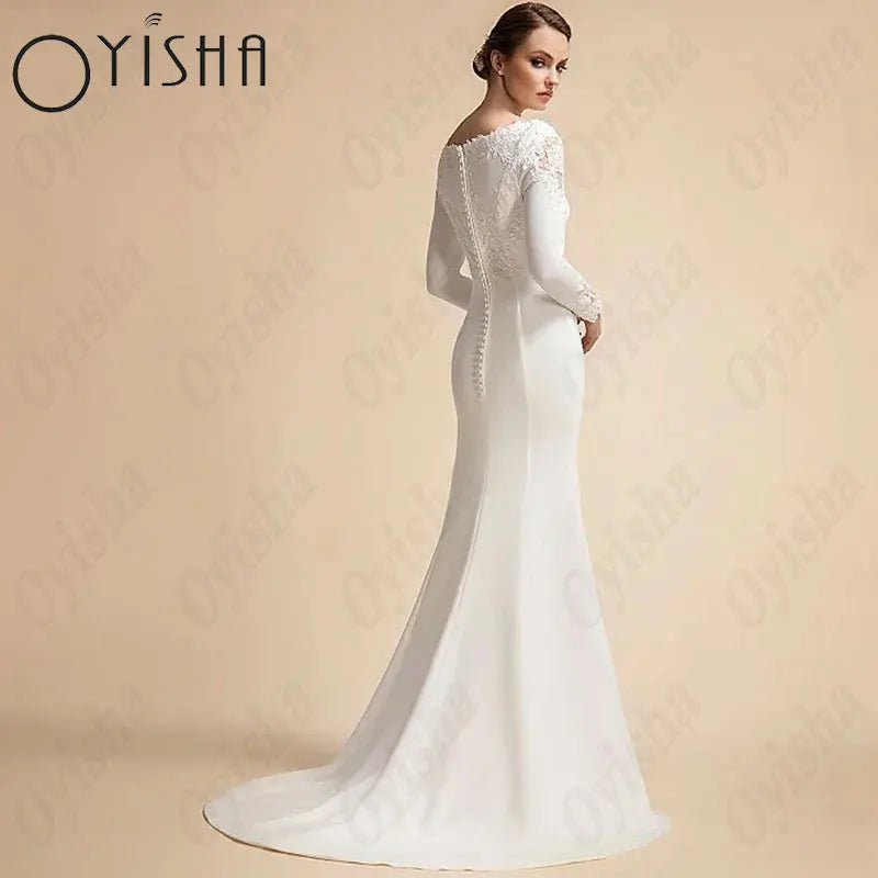 OYISHA Applique Long Sleeves Muslim Wedding Dresses Satin Mermaid Classic Bridal Gown Arab Scoop Sweep Train Vestido De Mariages