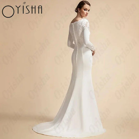 Oyisha Applique à manches longues Robes de mariée musulmanes Satin Satin Classic Bridal Bridal Scoop Sweep Train Vestido de Mariage