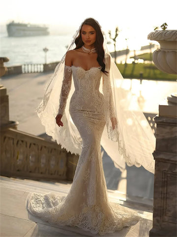 Customized Mermaid Lace Wedding Dresses with Off the Shoulder Full Sleeves Long Bride Dress for Women 2025 Vestidos De Novia