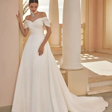 Customized  Simple Satin V Neck Wedding Dress A-Line Off The Shoulder For Women Elegant Bridal Gown Robe De Marie