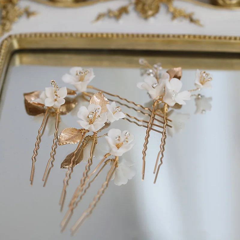 Bridal Accessories Porcelain Flower Hair Pins Clips Vintage Gold Color Hairpins For Brides Women Head Pieces Wedding Jewelry