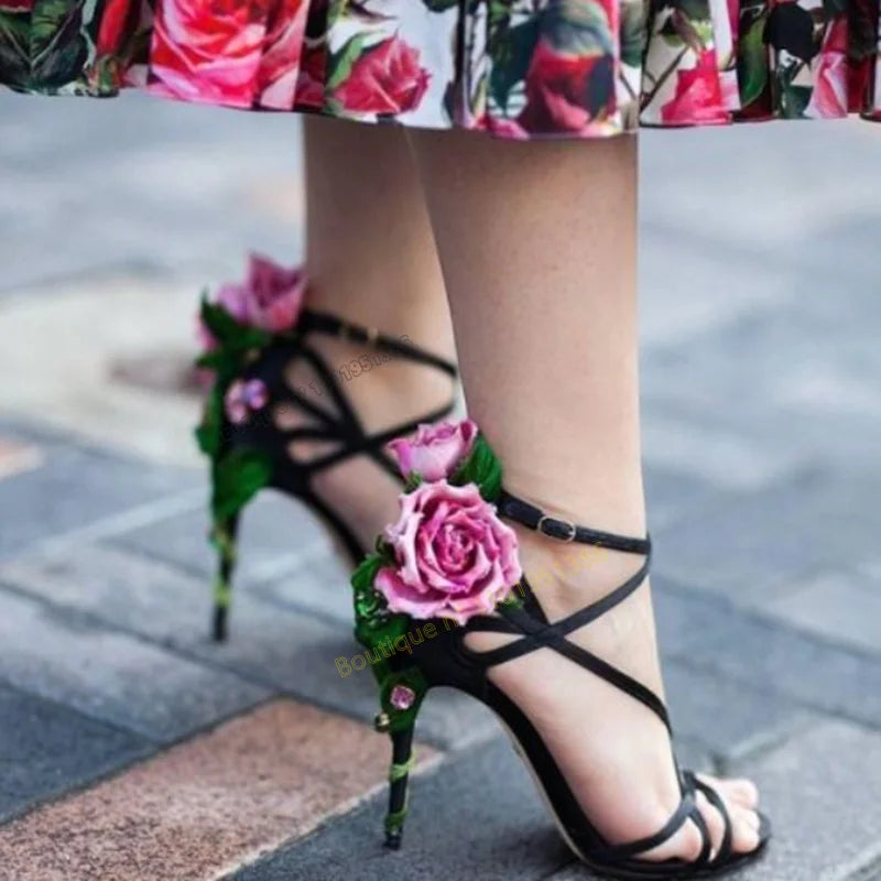 Pink back flower decor sandals women wedding band decor twine heel fashion high heels shoes – Pollyanna Events