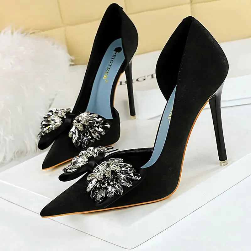 Rhinestone bow women pumps luxury banquet stilettos sexy high heels party shoes large size 41 42 43 – Pollyanna Events